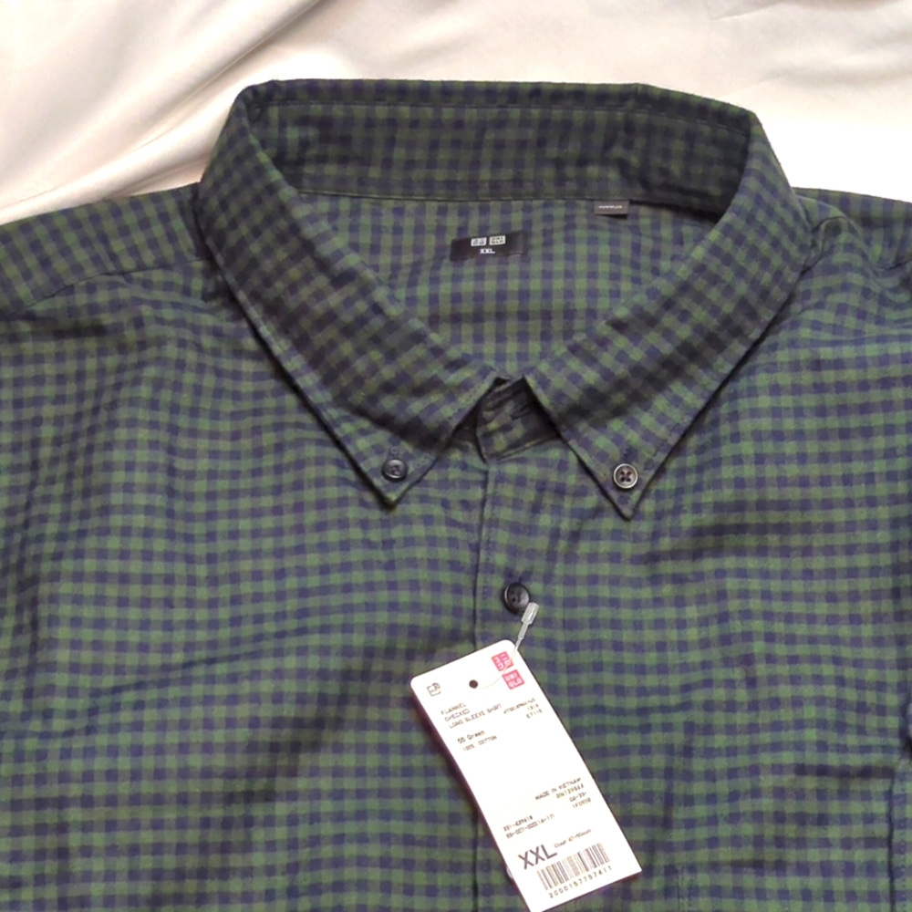 Uniqlo Shirt Men's XXL Green Blue Check Long Sleeve Button Up Flannel 2XL Men.